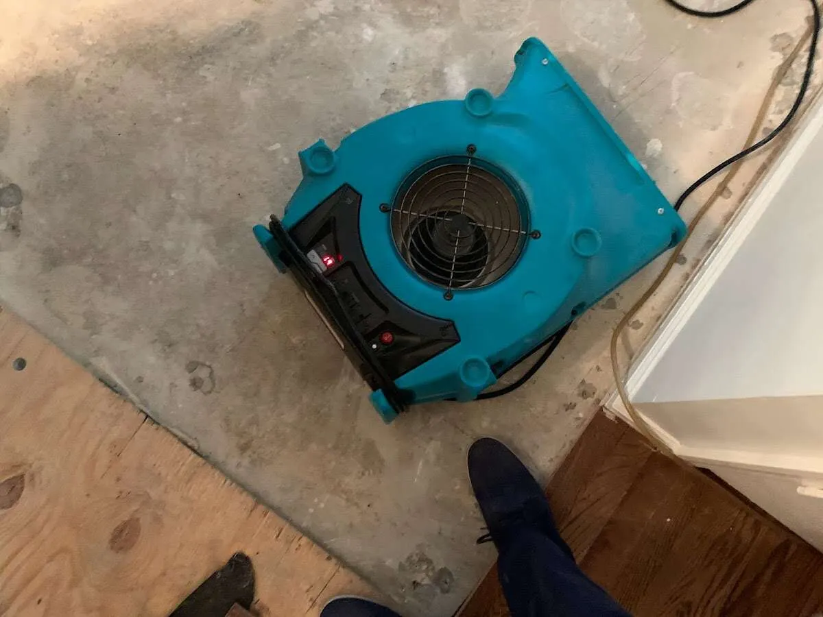 Air mover drying subfloor during Commercial Water Damage Restoration in Raceland